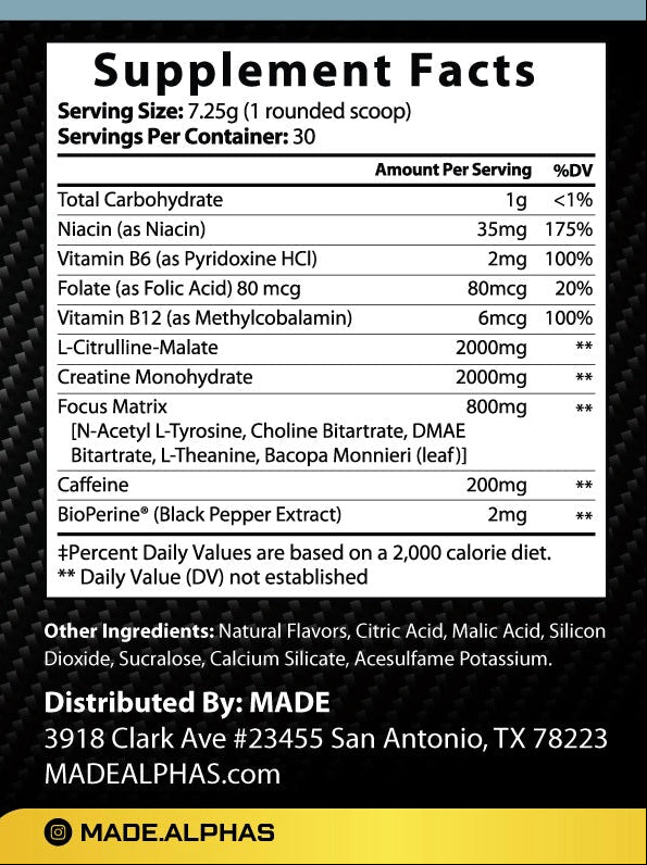 Motivation Energy Pre-Workout Supplement Facts (Lemonade)