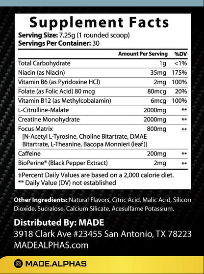 Motivation Energy Pre-Workout Supplement Facts (Lemonade)